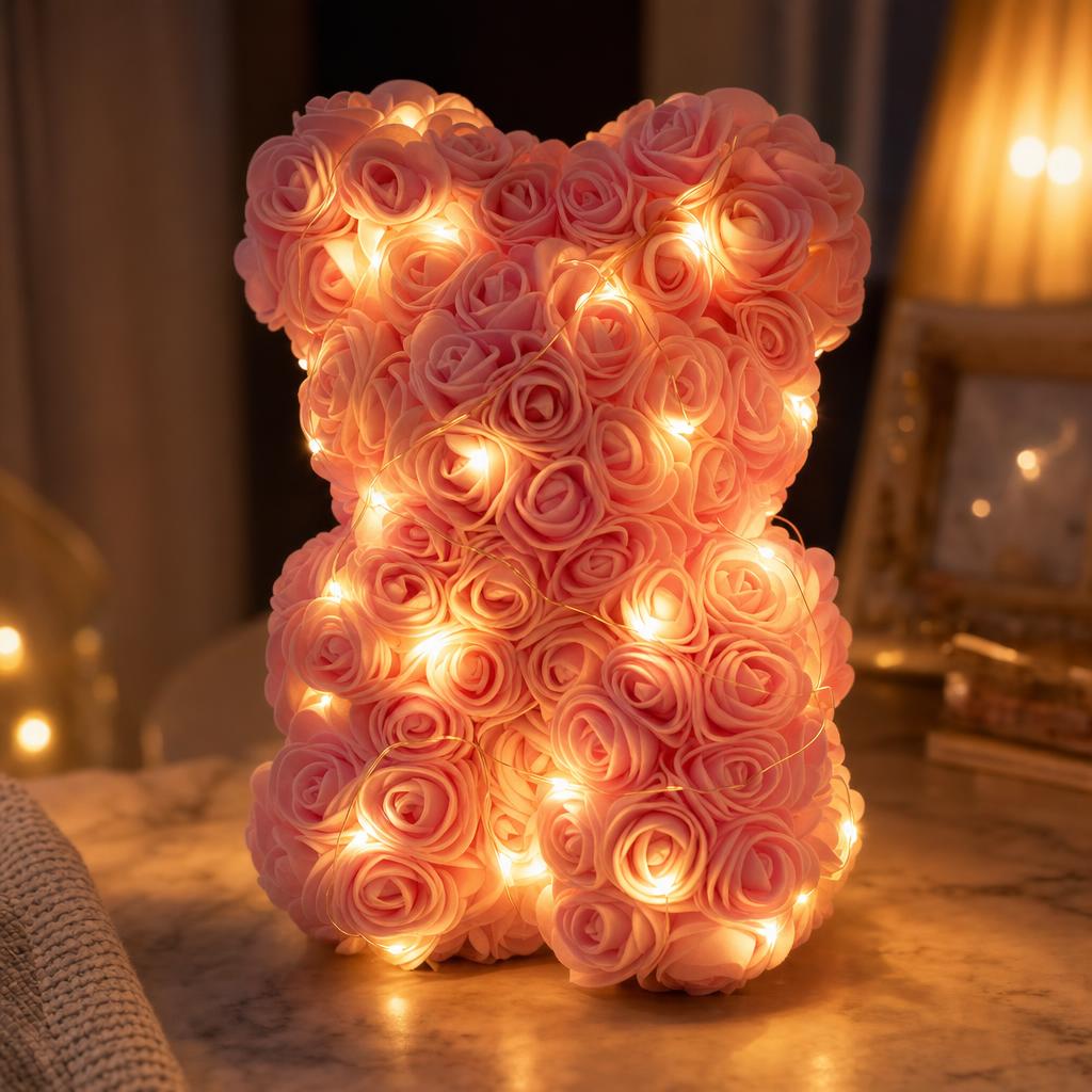 Oso de rosas con luces LED encendidas